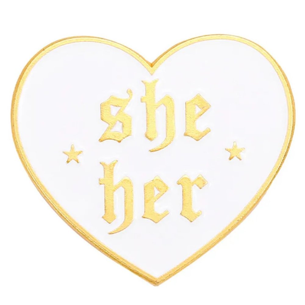 She/Her Pronoun Pin Gold & White Enamel LGBTQIA+ Brooch NEW